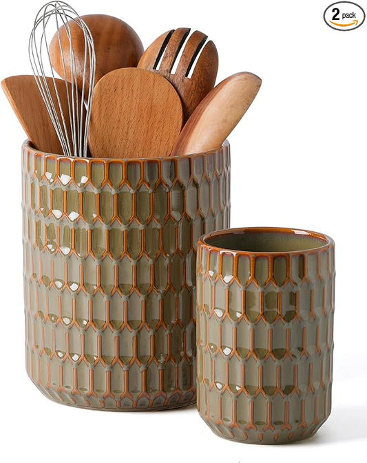 Utensil Holder, 7.5"+5.3" Ceramic Kitchen Utensil Holder for Countertop, Large Cooking Utensil Crock for Kitchen Counter, Set of 2, Green by Artebake
