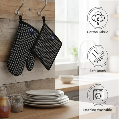 Encasa XO Heat Resistant 100% Cotton Oven Glove & Potholder Set with Loop, Kitchen Cooking Mittens, Microwave Safe Hot Pads (Butcher Checks Black)