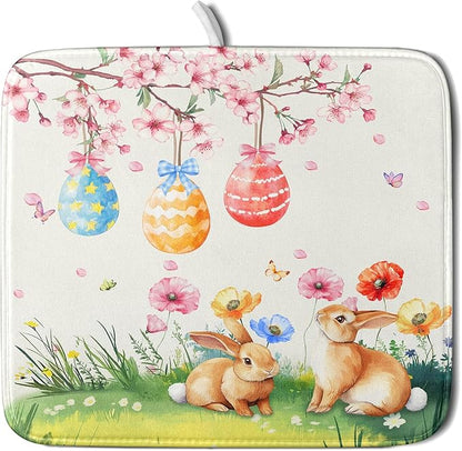 Giwawa Easter Bunny Dish Drying Mat, Spring Rabbits Eggs Hunt Dish Drainer Mats for Kitchen Countertop, Watercolor Floral Absorbent Reversible Dish Drying Pad Decor, 16x18inches, Small