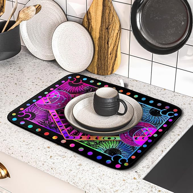 Purple Absorbent Dish Drying Mat Sun and Moon Microfiber Drying Pad for Kitchen Counter Decor Small - Image 5