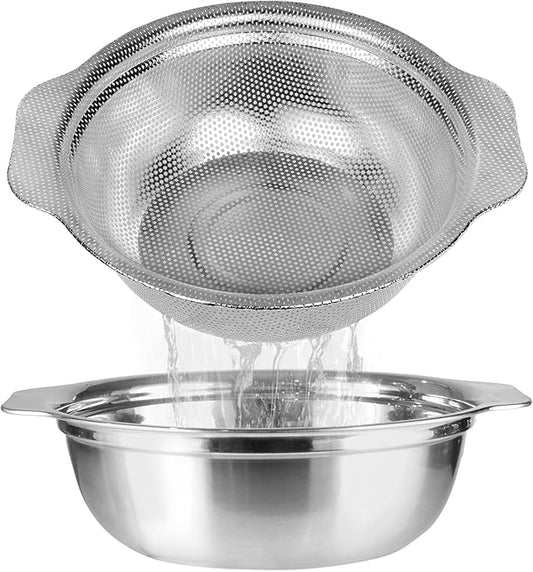 Stainless Steel Colander for Kitchen, 2.5QT Rice Washer Strainer with Mixing Bowl, Colander Bowl Set with Microporous for Washing Rice, Pasta, Spaghetti, Fruits, Dishwasher Safe(2PC) by POPGRADE