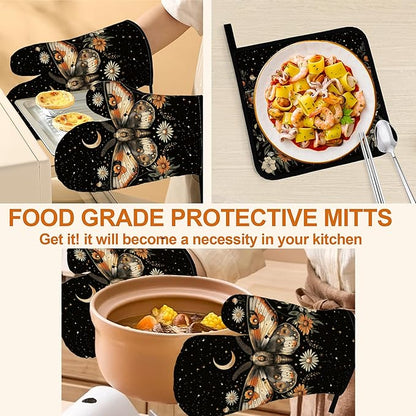 Oven Mitts and Hot Pads Set - Boho Moth Design, Heat Resistant Cute Pot Holders for Kitchen, Baking Gifts for Women