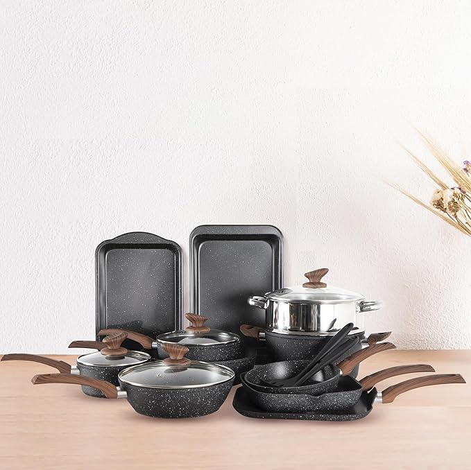 DishDelight 17 Piece Pots and Pans Set Non Stick, Nonstick Induction Granite Kitchen Cookware Set, Non Toxic Cookware Set with Frying Pans and Saucepan, Cooking Sets Pots and Pans, Black - Image 9