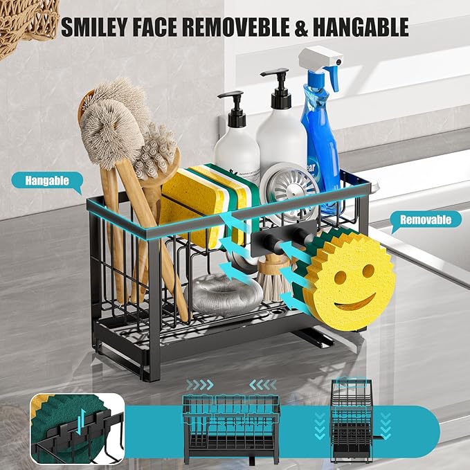 Sponge Holder for Kitchen Sink with Flexible Smiley Face, 2 Tier Kitchen Sink Organizer, Countertop and Storage Essentials, Soap Dispenser Organizer, Home Decor Accessories - Black - Image 3