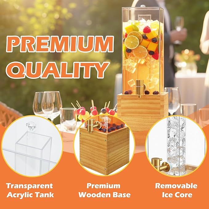2 Gallon Drink Dispenser for Parties, Beverage Dispenser with Airtight Valve, Large Water Drink Dispenser, Water Dispenser with Wood Stand, Lemonade Dispenser for Water, Juice,Cocktails,Ice Tea