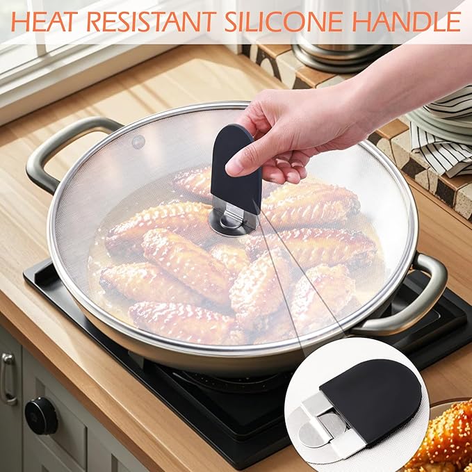 Snowyee Grease Splatter Guard, 3PCS Splatter Screen with Silicone Heat Resistant Handle and Stainless Steel Fine Mesh Design for Safe Indoor and Outdoor Cooking (13/11.5/10 inch and 33/29/25cm) - Image 4
