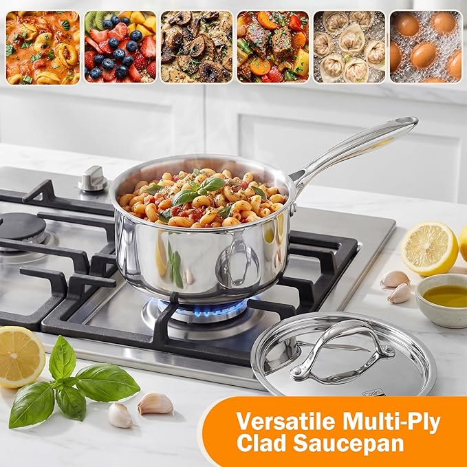 Cooks Standard Stainless Steel Sauce Pan with Lid, 1.5 Quarts Tri-Ply Clad Saucepan, Small Kitchen Induction Pot, Dishwasher & Oven Safe, Compatible with All Cooktops
