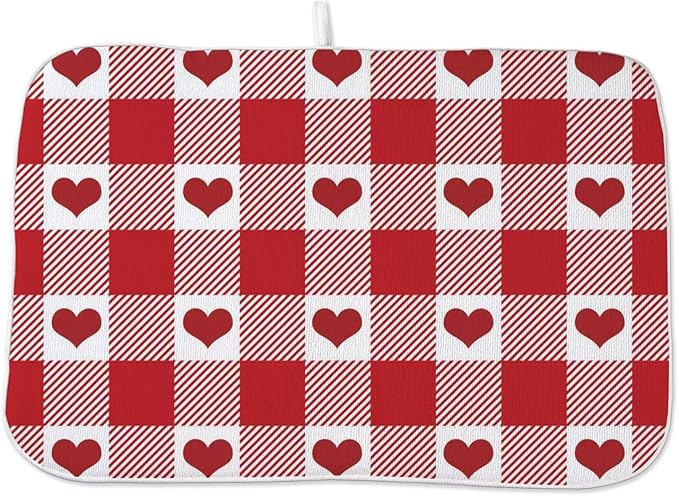 Happy Valentines Day Dish Drying Mat 18 x 24 inch Red Checkered Love Hearts Decorative Drying Mats Microfiber Absorbent Valentine Dish Washable Draining Mat for Kitchen Counter Decor