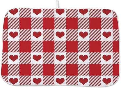 Happy Valentines Day Dish Drying Mat 18 x 24 inch Red Checkered Love Hearts Decorative Drying Mats Microfiber Absorbent Valentine Dish Washable Draining Mat for Kitchen Counter Decor