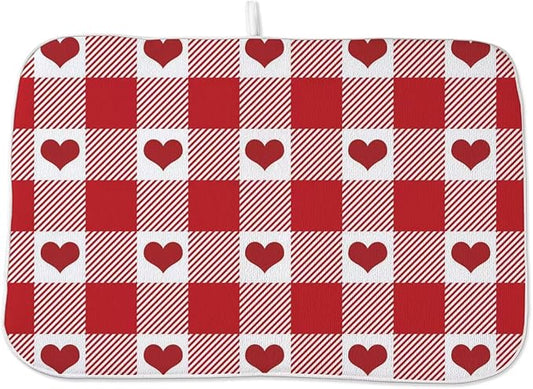 Happy Valentines Day Dish Drying Mat 18 x 24 inch Red Checkered Love Hearts Decorative Drying Mats Microfiber Absorbent Valentine Dish Washable Draining Mat for Kitchen Counter Decor