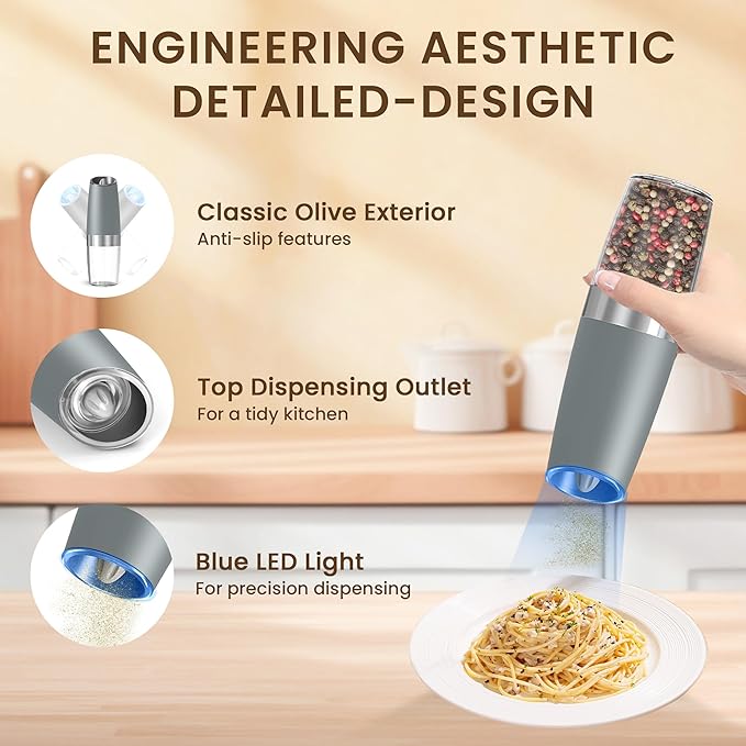 Gravity Electric Salt And Pepper Grinder Set, Automatic Salt And Pepper Grinder Set, Battery Powered (6 AAA Batteries Each), Adjustable Roughness, LED Light, 2 Pack, (Light Grey) - Image 4