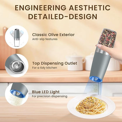 Gravity Electric Salt And Pepper Grinder Set, Automatic Salt And Pepper Grinder Set, Battery Powered (6 AAA Batteries Each), Adjustable Roughness, LED Light, 2 Pack, (Light Grey) - Image 4
