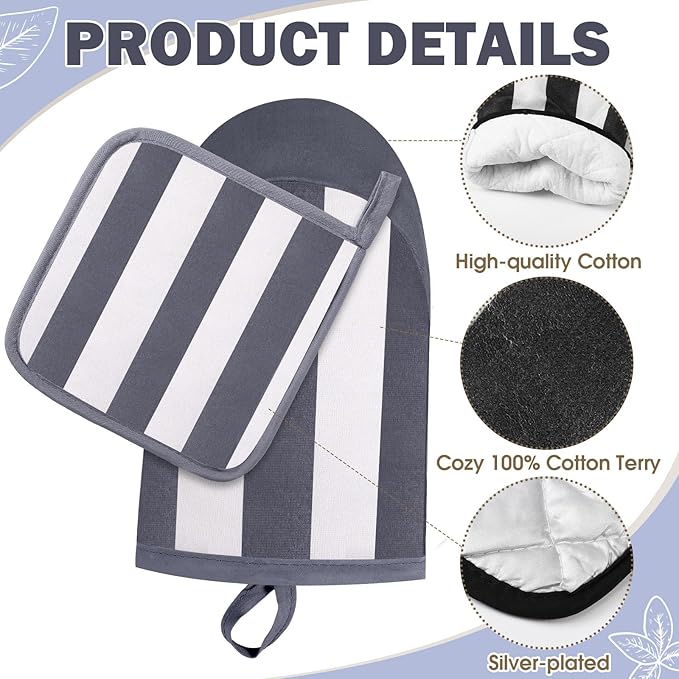 Reallnaive Oven Mitts and Pot Holders 4 Pcs Set for Kitchen, Stripe Cotton Oven Mitten Gloves Hot Pads Heat Resistant 500°f Outdoor Indoor Garden Baking Cooking BBQ Gift Hanging Loop, Beige (Gray) - Image 3