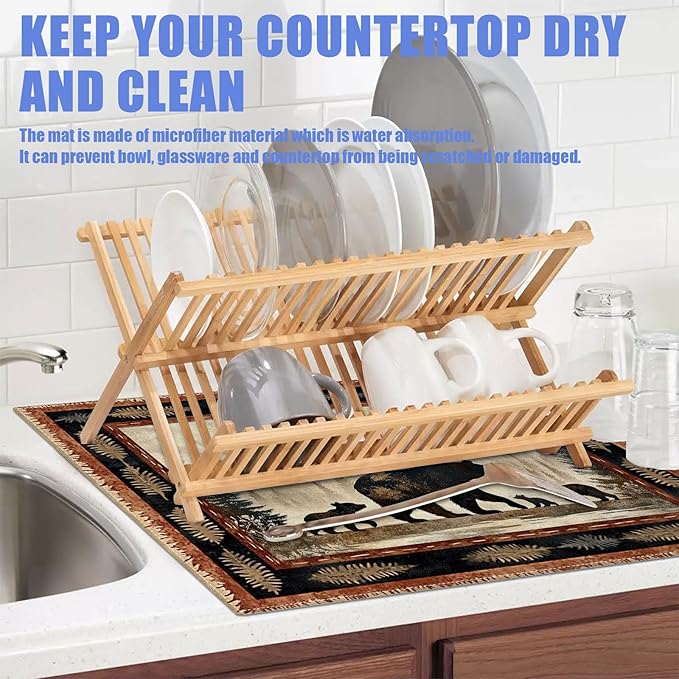 Rustic Bear Dish Drying Mat for Kitchen Counter Wild Animals Drying Pad Absorbent Reversible Dish Drainer Rack Mats Draining Pad 18"x24"Inch