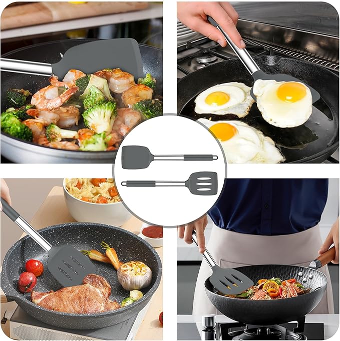 TeamFar Kitchen Utensils, 4PCS Heat-proof Silicone Cooking Utensils Set Slotted Spatula Solid Turner Spoon with Stainless Steel Handle, for Non-stick Cookware Flipping, Frying, Draining – Gray - Image 5