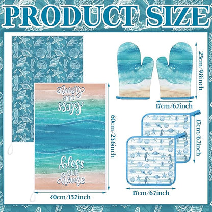 Leinuosen 6 Ocean Kitchen Towels Kitchen Decor and Accessories Set Floral Plant Oven Mitts and Pot Holders Sets Farmhouse Absorbent Dish Towels for Cooking Baking Grilling - Image 3