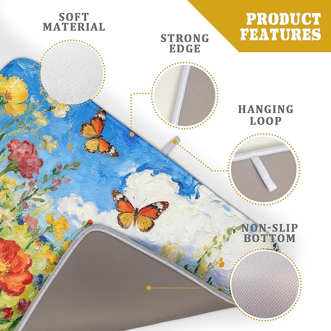 Cute Floral Dish Drying Mat for Kitchen Counter 18x24, Spring Summer Decorative Absorbent Reversible Microfiber Kitchen Countertop Protector Dishes Drainer Pad, Watercolor Flower Butterfly - Image 4