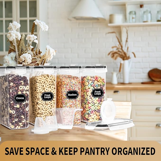 PRAKI Cereal Containers Storage Set (4L,135.2 Oz), 4PCS Airtight Food Storage Containers with Pour Spout for Kitchen & Pantry Organization Cereal Dispensers with 20 labels, Measuring Cup & Marker - Image 6
