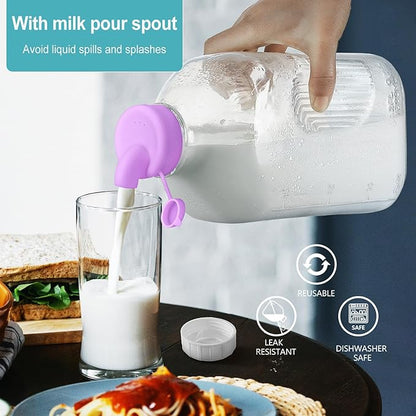 Ritayedet 3 Pack 64 Oz Heavy Duty Glass Milk Bottle with 2 Silicone Spouts, 4 Handles and 4 Reusable Airtight SCREW LIDS, 2 Qt Glass Water Bottle with 2 Exact Scale Lines - Milk & Juice Jug Pitcher