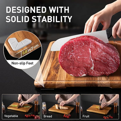 Teak Wood Cutting Board for Kitchen 13inch Charcuterie Board Serving Heavy Duty Non Toxic Slip Over Sink Solid Thick Haus Wooden Chopping Board Large Big Small Meat Best Kitchen Essential Gift - Image 6