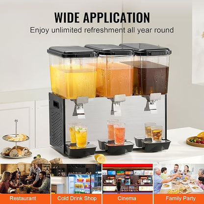 VEVOR Commercial Beverage Dispenser, 3 Tanks 18 L / 19 QT Per Tank Juice Dispenser, 512W Stainless Steel Ice Tea Drink Machine with 45°F-54°F Cooling Temperature, for Cold Drink Restaurant Bar Party - Image 6