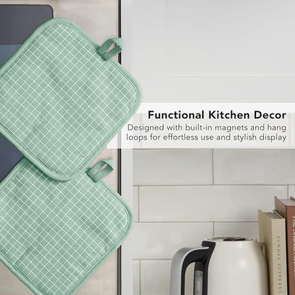 KITCHENAID Gourmet Series Gridlines Pot Holders 2-Pack Set, Heat Resistant up to 600°F, Soft Silicone Grip, Magnetic Cuff, Pistachio Green, 8"x8" - Image 6