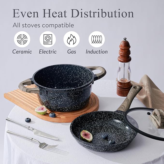 Pots and Pans Set Non Stick Non-Toxic 22 Pcs Ceramic Cookware Sets Nonstick Kitchen Pot&Pan With Lid Black Granite Induction Compatible with Glass Lids Crepe Frying Pan PFOA/PFOS-Free - Image 4