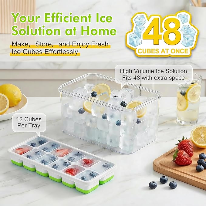 NFK Ice Cube Tray with Lid & Bin - 4 Pack 48 Cubes Stackable Silicone Trays for Freezer with Storage Container, Leak-Proof Lids, BPA-Free, Easy Release for Kitchen, RV, Party, Cocktail & Coffee - Image 3