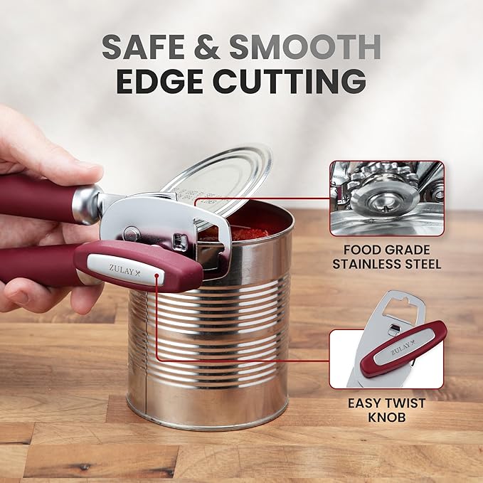 Zulay Kitchen Heavy Duty Stainless Steel Can Opener Manual with Bottle Opener - Rust Proof Manual Can Opener With Turn Knob & Comfy Soft Grip Handles - Deep Red - Image 4