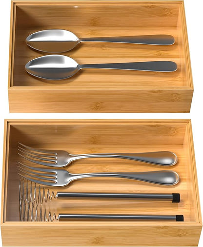 VeyFey Silverware Tray for Drawer, Stackable Kitchen Bamboo Drawer Organizer 9" x 6" x 2" Set of 2 - Image 7
