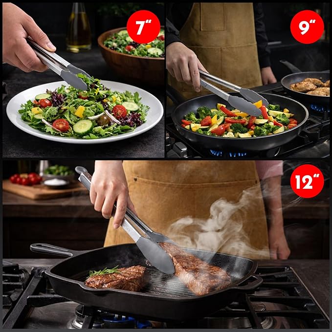 Kitchen Tongs with Silicone Tips Set of 3 Heat Resistant Tongs for Serving Food, 7-Inch, 9-Inch, 12-Inch Locking Silicone Tongs for Cooking, Salad Tong, Grey Kitchen Utensils - Image 7