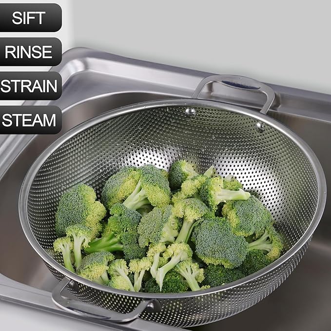 Tiawudi Large 6-Qt Colander, 18/8 Stainless Steel Mesh Strainer for Kitchen, Food Sieve with Riveted Handles and Self-draining Solid Ring Base, Great for Pasta, Rice, Vegetables and Fruits - Image 6