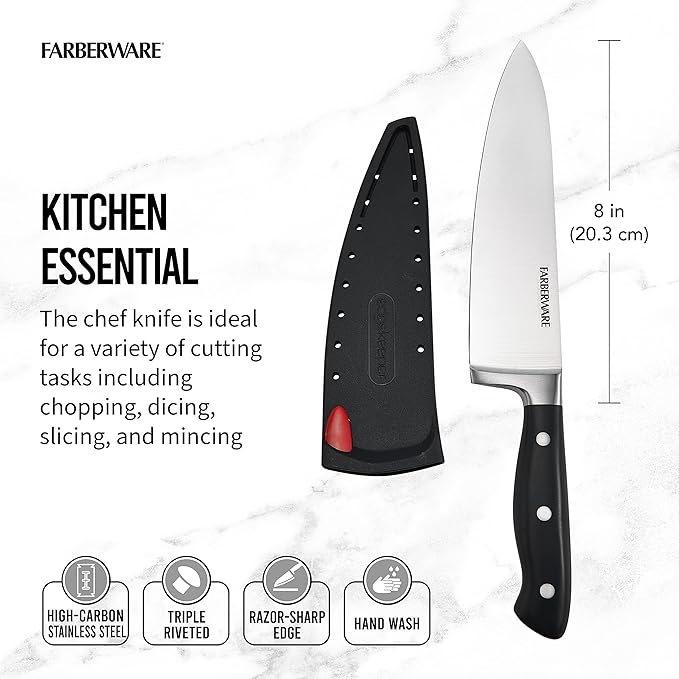 Farberware Edgekeeper 8-Inch Forged Triple Riveted Chef Knife with Self-Sharpening Blade Cover, High Carbon-Stainless Steel Kitchen Knife with Ergonomic Handle, Razor-Sharp Knife, Black - Image 2