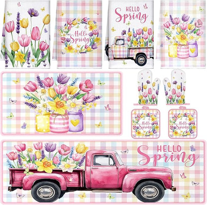 Fourluoo 10 Pcs Spring Flower Farmhouse Kitchen Decor Set Dish Towels Kitchen Rugs Oven Mitts and Pot Holders Set for Cooking Baking Grilling Women Mom Daughter Gift(Vibrant Color)