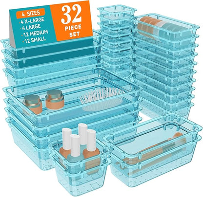 WOWBOX 32 PCS Plastic Drawer Organizer Set, 4 Sizes Desk Drawer Organization and Storage Containers for Makeup, Cosmetics, Jewelry and Gadgets in Kitchen, Bathroom, Bedroom, Office, Clear Sea Blue by WOWBOX