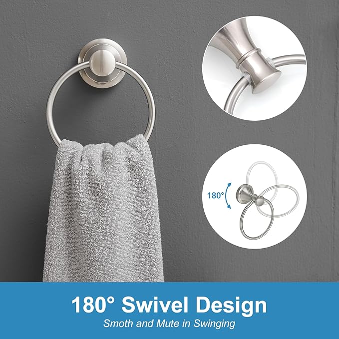 RUMOSE Toilet Paper Holder and Hand Towel Ring Brushed Nickel Wall Mount Bathroom Hardware Accessories 2 PCS Set Flexible Pivoting Toilet Tissue Roll Holder and Towel Hanger, Stainless Steel