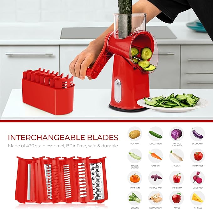 SUSTEAS Rotary Cheese Grater with Handle - Vegetable Shredder with 5 Well-designed Blades & Strong Suction Base,Round Mandoline Slicer & Food Chopper for Kitchen,with Blade Storage Box(Red) - Image 9