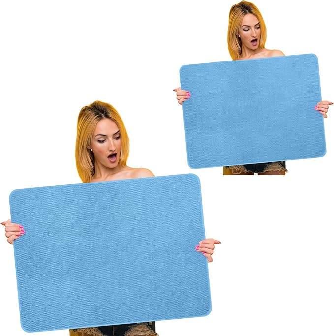 Hushee 2 Pack Extra Large Dish Drying Mat Microfiber Absorbent Dish Drying Pad Large Size Dishes Drainer Mats for Countertop, Sink, Refrigerator or Dryer (30 x 24 Inch,Blue) by Hushee