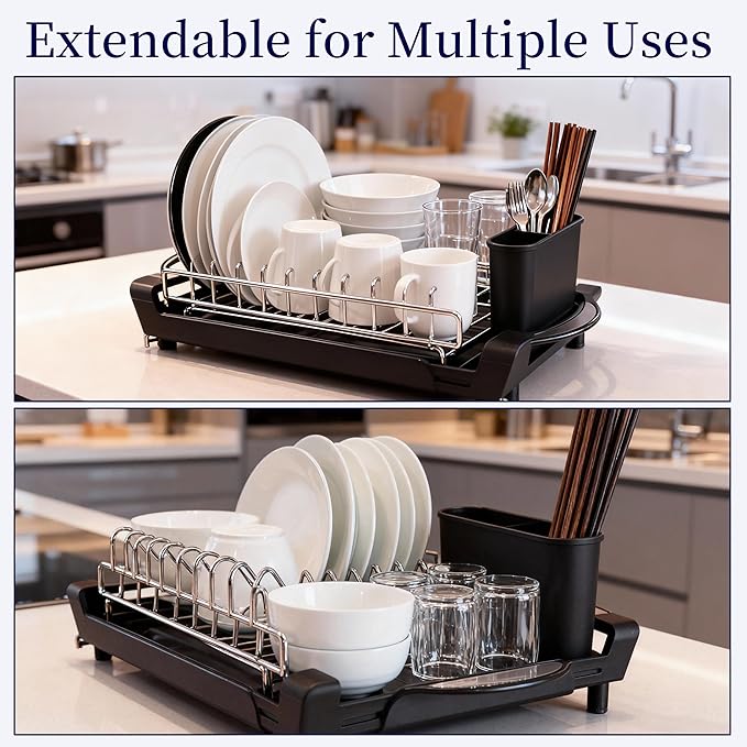 Dish Drying Rack Compact Expandable Double-Decker: Stainless, Rust-Proof, fits Kitchens/Apartments, extends 11.42"-19.9" (Black). - Image 3