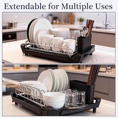 Dish Drying Rack Compact Expandable Double-Decker: Stainless, Rust-Proof, fits Kitchens/Apartments, extends 11.42"-19.9" (Black). - Image 3