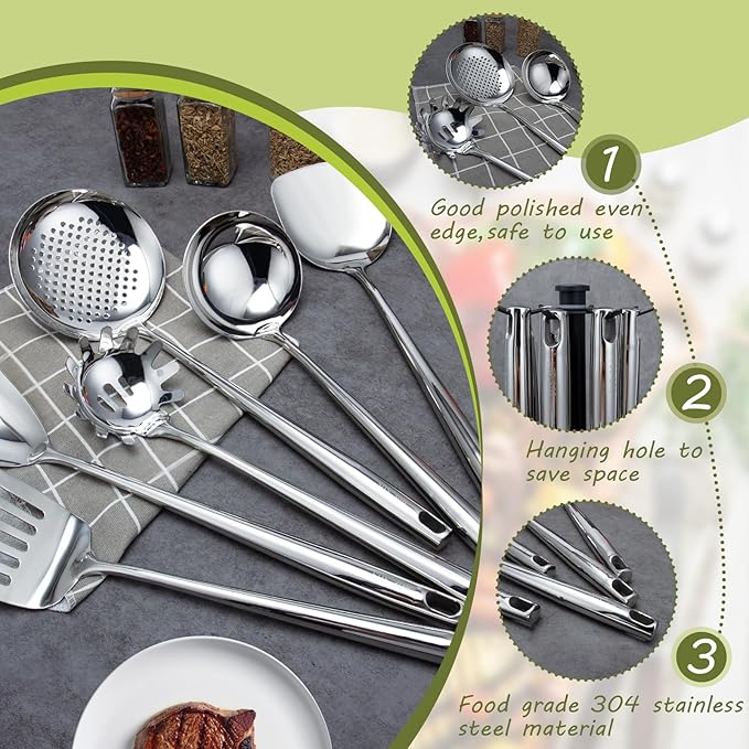 VALESKA 6PCS Stainless Steel Cooking Utensils Set,18/10 Metal Kitchen Utensils Set, Include Wok Spatula Stainless Steel,Metal Pasta Spoon and etc,Easy to Clean - Image 3