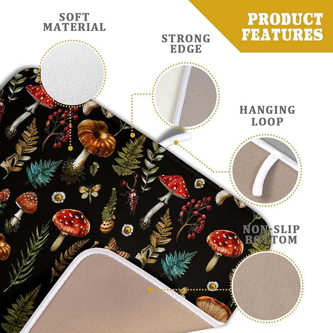 Mushroom Forest Dish Drying Mat Fern Leaves Black Drainer Mat for Kitchen Countertop 16 X 18 Inch - Image 4