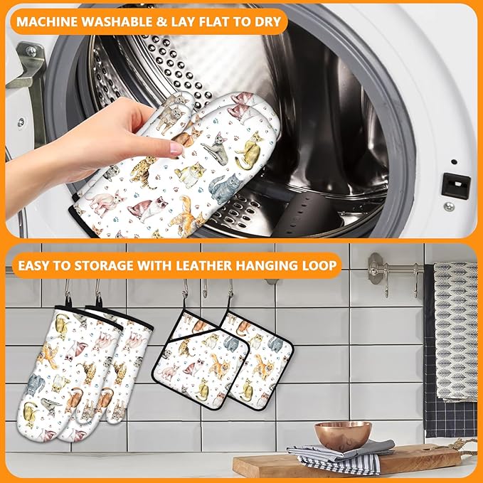 Cute Cats Oven Mitts and Pot Holders Sets 4Pcs,Extra Long Oven Gloves Potholder for Kitchen Cooking Baking BBQ 100% Cotton Heat Resistant - Image 5