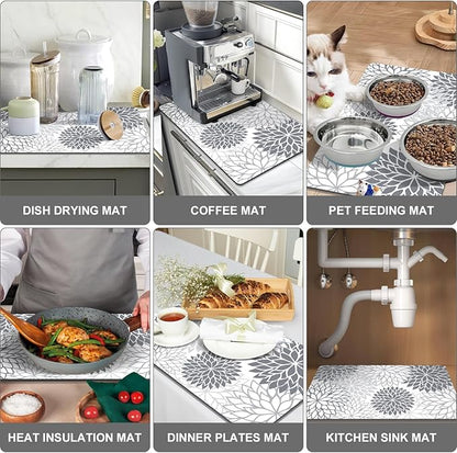 Findosom 2PCS 16" x 24" Dish Drying Mat & 24" x 5.5" Sink Splash Guard, Super Absorbent & Cuttable Dish Mat Drying Kitchen Mat with Gray Floral, Hide Stain Drying Mat for Kitchen Counter - Image 6