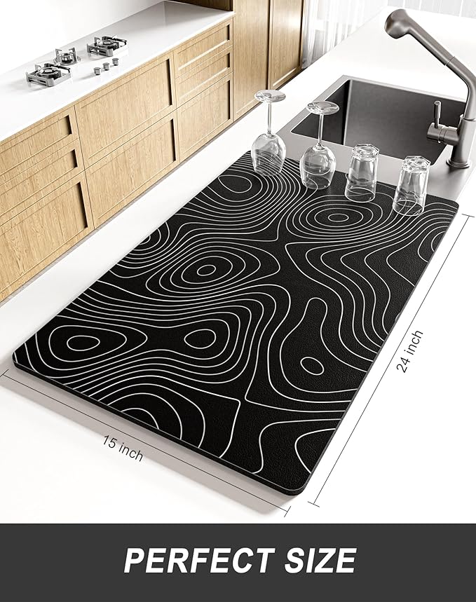 Rnivvi Dish Drying Mat for Kitchen Counter, XL 15 x 24" Cute Marble Super Absorbent Draining Pad, Non-Slip Heat Resistant Coffee Bar Mats for Coffee Machine Station Accessories, Line Art Dish Rack Pad - Image 2