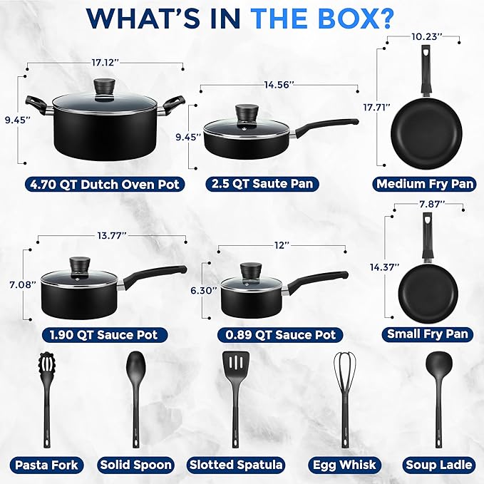 SereneLife Kitchenware Pots & Pans Basic Kitchen Cookware, Black Non-Stick Coating Inside, Heat Resistant Lacquer (15-Piece Set), One Size - Image 3