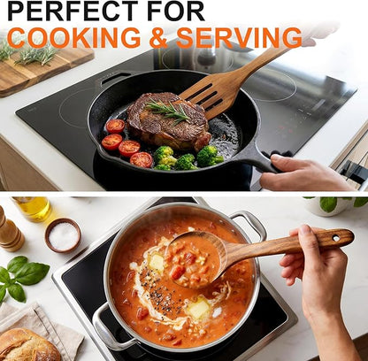5 Pcs Best Wooden Spoons for Cooking Kitchen Utensils Set Acacia Wood Cooking Spatula Turner Non Toxic Utensil Slotted Serving Spoon Flat Spatulas Set Wooden Utensis Mixing Cooking Spoon Kitchen Tools - Image 2