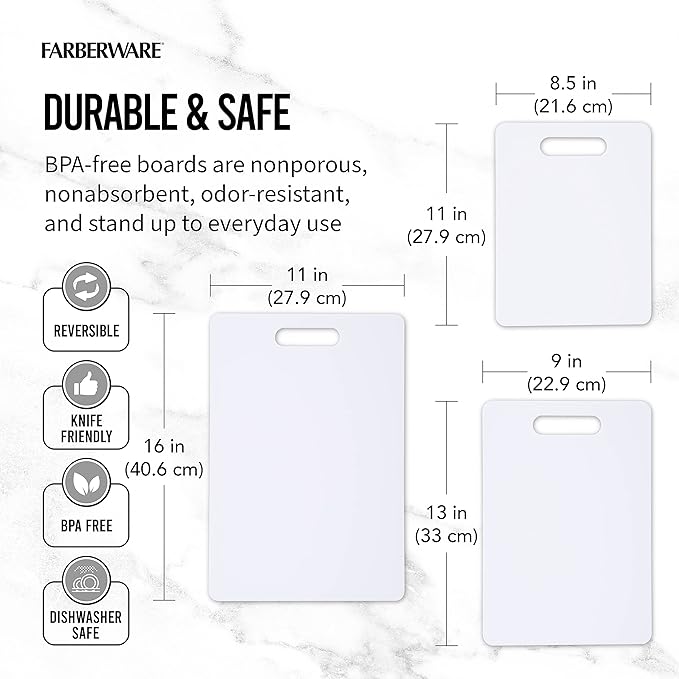 Farberware Plastic Cutting Board Set, Dishwasher- Safe Poly Chopping Board for Kitchen with Easy Grip Handles, Set of 3, White - Image 4