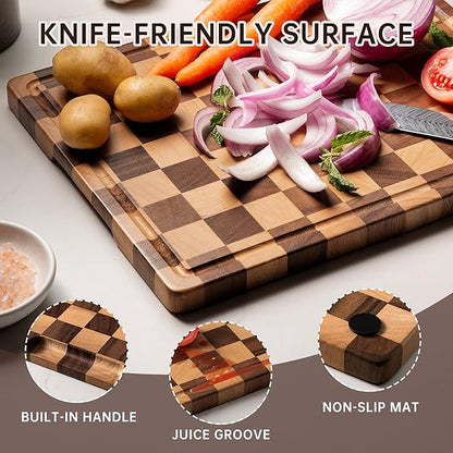 Checkered Cutting Boards for Kitchen, Wooden Cutting Board Set, Acacia Chopping Board with Juice Grooves & Handles, Butcher Block Serving Tray for Meat, Vegetables and Fruits, 3pcs - Image 3