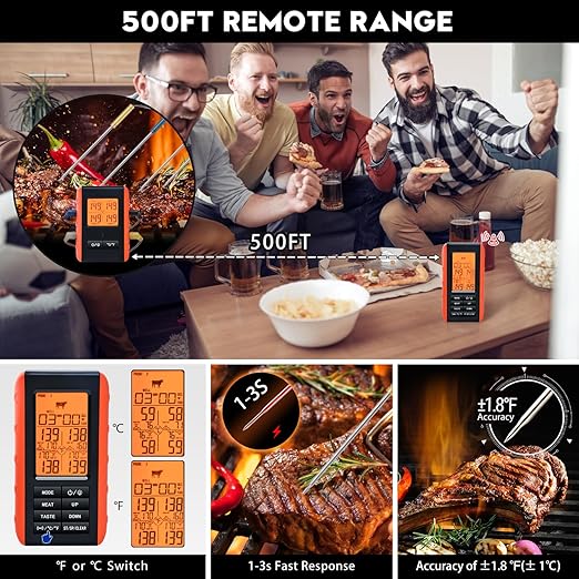 Wireless Meat Thermometer for Grilling and Smoking, Food Thermometer for BBQ Smoker Oven Cooking Steak, Grill Thermometer for Outside Grill with 4 Meat Probes, Kitchen Timer - Image 3